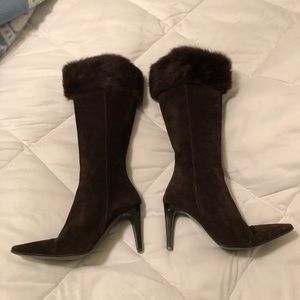 Massimo Baldi brown suede and rabbit fur boots.